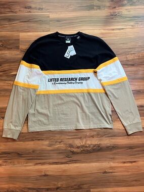 LRG Men’s Colorblock Long Sleeve Shirt in Black, White, Tan with Yellow Trim